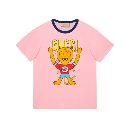 GUCCI/古馳 22年秋冬新款 愛(ài)的進(jìn)行曲系列 男士粉色純棉小貓印花短袖T恤703439XJEI35904