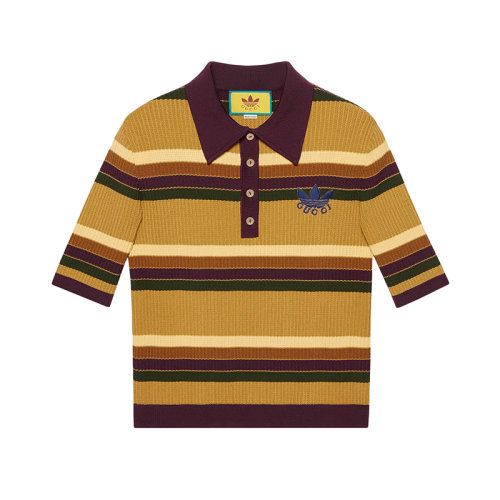 GUCCI/古馳 22年秋冬新款 adidas聯(lián)名系列 男士黃色/棕色粘膠纖維混紡條紋短袖Polo衫?696246XKCDY7365