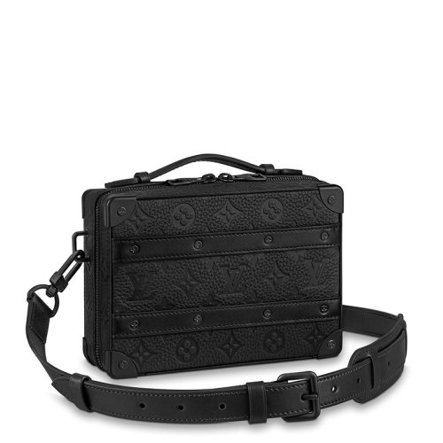 Louis Vuitton/路易威登 22春夏新款SOFT TRUNK系列 男士黑色老花壓花牛皮革黑扣皮革邊角拉鏈開合單肩斜挎手提盒子包M59163