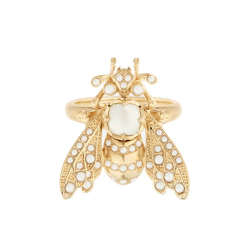 DIOR/迪奧 22新款D-BEE系列 女士金色飾面金屬蜜蜂造型飾白色樹(shù)脂珠戒指R1279WOMRS_D301