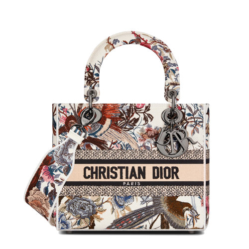 DIOR/迪奧 22新款LADY D-LITE系列 女士中號米白色面料多色Jardin d'Hiver圖案刺繡單肩斜挎手提戴妃包M0565BRWD_M941