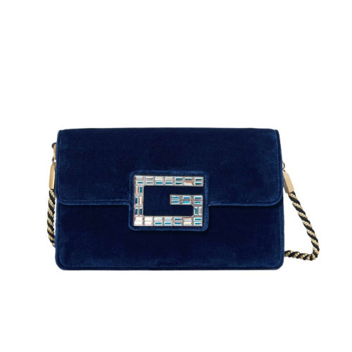 GUCCI/古馳  女士 斜挎包 方G水晶LOGO 絲絨女包 單肩包 深藍色 黑色