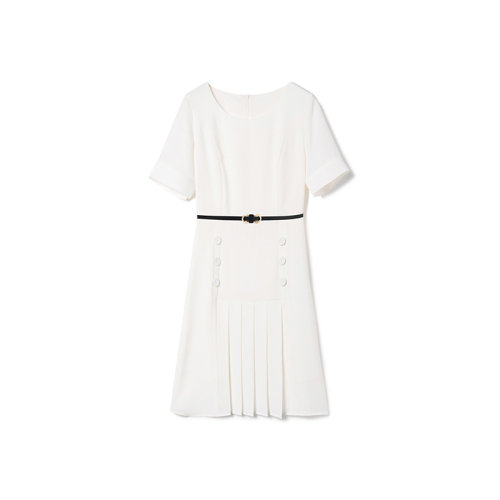 GeleiStory/GeleiStory 春夏新法式通勤優(yōu)雅收腰A字修身小黑裙壓褶短袖中長(zhǎng)連衣裙  女裝＞女士裙裝＞女士連衣裙