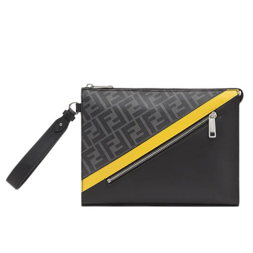 FENDI/芬迪   男士灰色老花壓花織物黑色黃色皮革拼色拉鏈?zhǔn)帜冒?VA491A9XSF0R2A