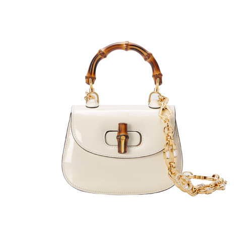 GUCCI/古馳 23春夏新款 Bamboo 1947系列 女士迷你白色漆皮金色飾面竹節(jié)手柄帶水晶細(xì)節(jié)拆卸鏈?zhǔn)郊鐜渭缡痔岚?24641AABCE9057