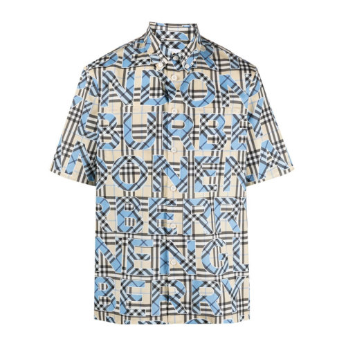 Burberry 博柏利 巴寶莉 男士 服裝 21春夏 格紋翻領(lǐng)字母LOGO印花棉質(zhì)襯衫 男士短袖襯衫