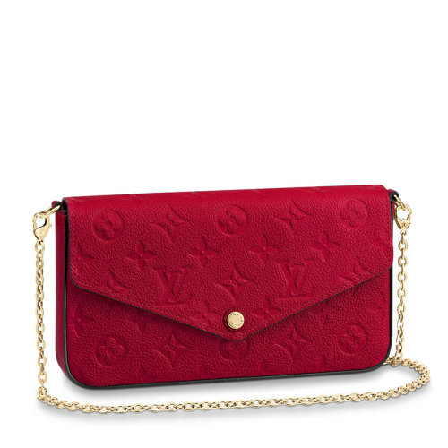 Louis Vuitton/路易威登 22春夏新款FéLICIE系列 女士猩紅色老花壓紋軟粒面牛皮革金扣金鏈配可拆卸貼袋翻蓋開合斜跨手拿鏈條信封包M63700