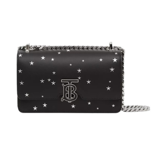 BURBERRY/博柏利 22新款 女士黑色皮革星形印花圖案翻蓋開(kāi)合調(diào)節(jié)銀色鏈條肩帶單肩斜挎包80595971