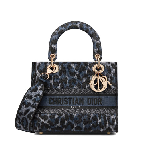 DIOR/迪奧 22春夏新款LADY D-LITE系列 女士中號藍色黑色Mizza圖案豹紋刺繡織物手提單肩斜挎戴妃包M0565ORHM_M962