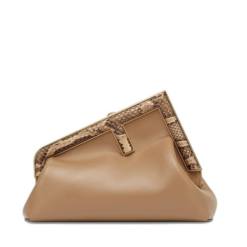 FENDI/芬迪 FIRST系列 女士小號米色納帕皮革蟒蛇皮飾邊F金屬搭扣單肩手拿包8BP129AGWRF1GEM