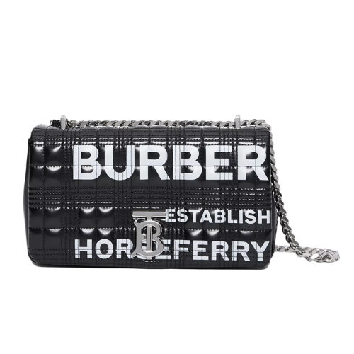 BURBERRY/博柏利 LOLA系列 女士黑色銀扣小號Horseferry印花絎縫蘿納包斜跨單肩包80216191