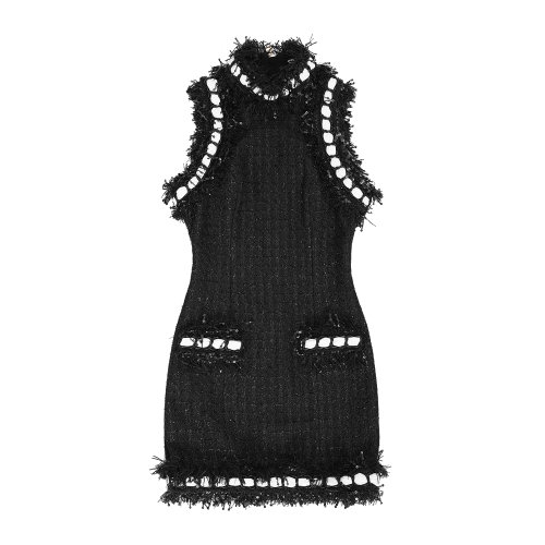 Balmain/巴爾曼 黑色 女士粗花呢短款連衣裙 UF16104C252  早秋