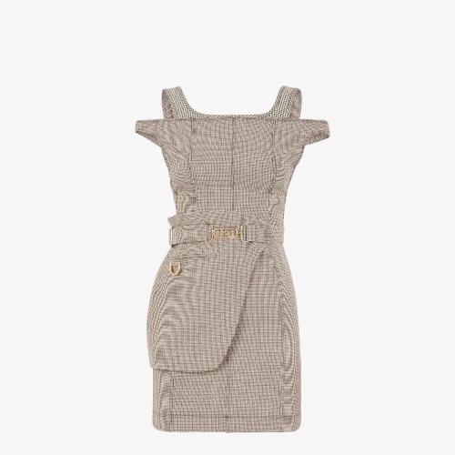  FENDI芬迪 22年秋冬 女士 連衣裙 米色千鳥格紋羊毛連衣裙 FDB871AKSMF1IHB