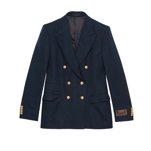 GUCCI/古馳 22秋冬新款 女士深藍(lán)色粘膠纖維混紡褶皺效果西裝外套694825Z736B4265