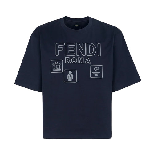 FENDI/芬迪 22年早春新款 男士深藍色純棉對比色Logo Icon圖案短袖T恤FY1129AIFVF0QG3