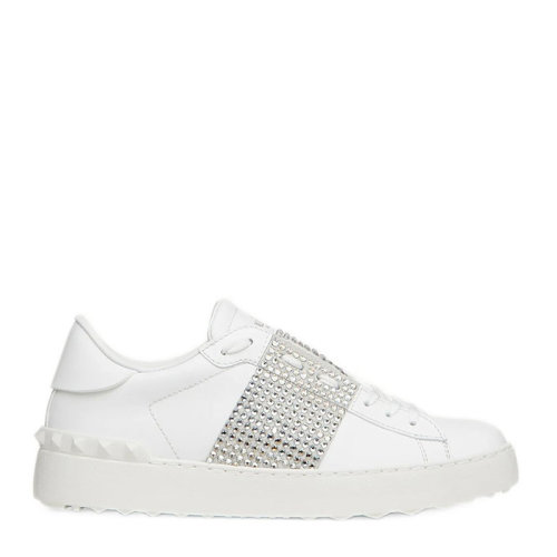 Valentino/華倫天奴 女士白色小牛皮中央條紋仿水晶貼花鉚釘裝飾休閑鞋運動鞋小白鞋平底鞋單鞋女鞋 WW2S0781-ZZC-E42