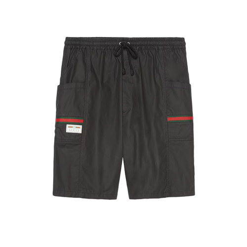  GUCCI/古馳 22年秋冬新款 男士黑色涂層純棉飾有紅綠絲帶細節(jié)短褲?604172XDBCH1043