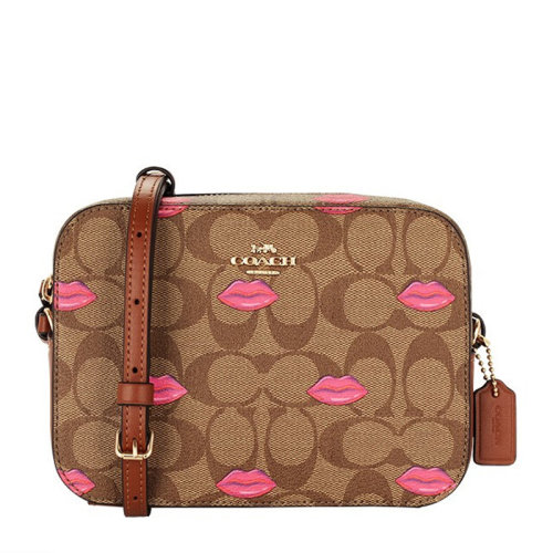 COACH/蔻馳女士淺棕色PVC/配皮經(jīng)典雙C字母徽標嘴唇印花拉鏈開合單肩包斜挎包相機包女包 C3569IMS5U