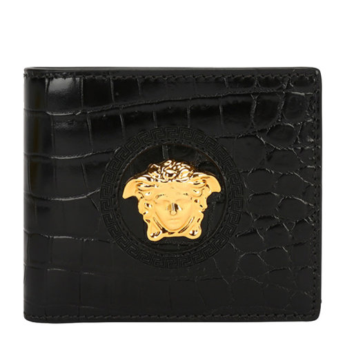 VERSACE/范思哲 男士黑色鱷魚(yú)紋皮革經(jīng)典美杜莎金屬頭像裝飾短款雙折錢夾錢包卡包男包 DPU2463-DCOV4-D410H