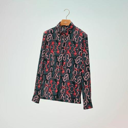  HERMES愛馬仕 22年秋冬 女士 長袖襯衫 Chemise micro imprime ??Grand Tralala?? H2E0630