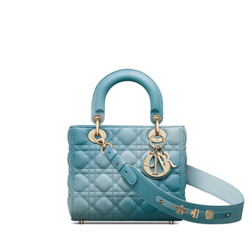 DIOR/迪奧 22新款 LADY DIOR系列MY ABCDIOR 女士天藍(lán)色漸變小羊皮藤格紋配金扣單肩斜挎手提戴妃包（勛章款）M0538OZAQ_M76E