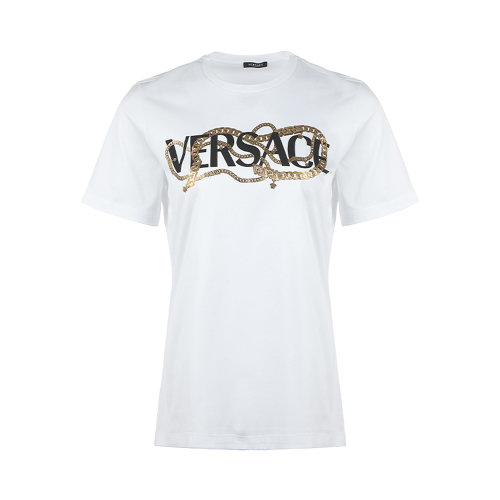 VERSACE/范思哲 女士純色棉質(zhì)字母徽標(biāo)印花裝飾圓領(lǐng)短袖上衣T恤 10041531-A02991 多色可選
