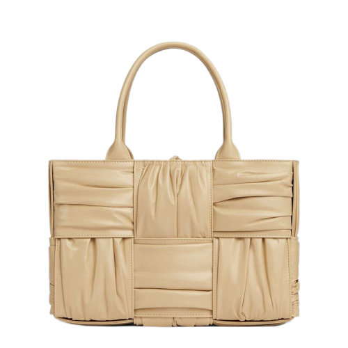 Bottega Veneta/葆蝶家 22新款 女士小號淺咖色小牛皮褶裥Intreccio圖案黃銅飾面配拆卸肩帶黃銅飾面單肩手提托特包729043V2FY19796