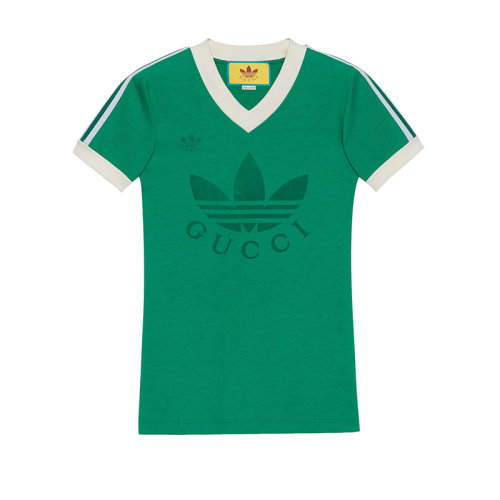 GUCCI/古馳 22年秋冬新款 adidas聯(lián)名系列 女士綠色純棉Logo印花V領(lǐng)短袖T恤693636XJEBZ3816