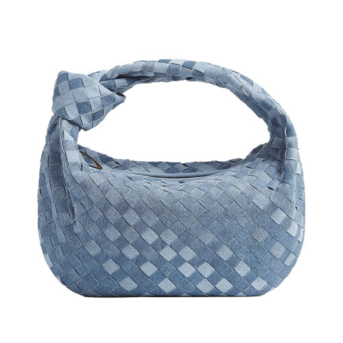 Bottega Veneta/葆蝶家 22新款 女士中號藍(lán)色牛仔布編織效果羔羊皮拉鏈開合黃銅飾面手提包690225V2H008792