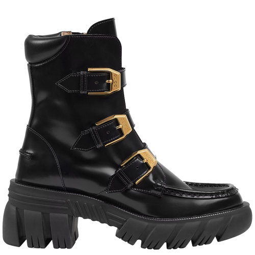 GUCCI/古馳      女士黑色亮面皮革搭扣踝靴663590DKSD01000