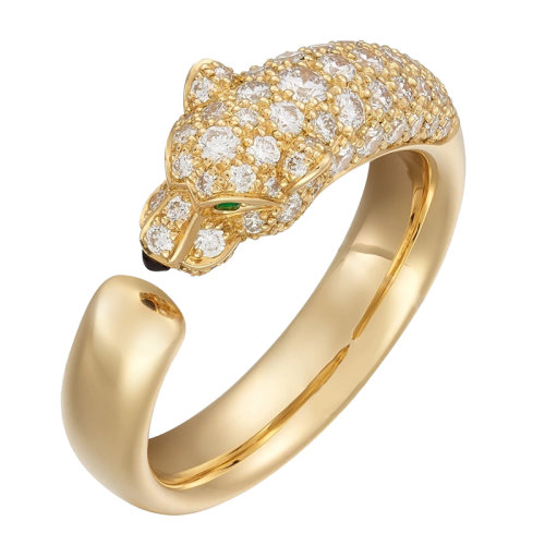 CARTIER/卡地亞 PANTHèREDE系列 黃金瑪瑙鑲嵌祖母綠和鉆石豹子指環(huán)N4765800