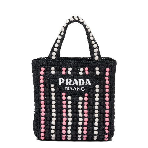 PRADA/普拉達 22新款 女士黑色酒椰纖維搭配彩色木質球串珠單肩手提托特包1BG425_2FJ0_F0002_V_OOO
