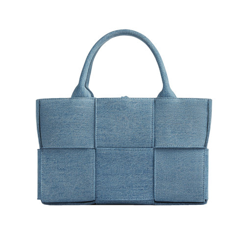 Bottega Veneta/葆蝶家 22新款 女士迷你靛藍(lán)水洗褪色牛仔布飾Intreccio圖案銀色飾面拆卸肩帶拆卸拉鏈內(nèi)袋托特包714613V2A014948