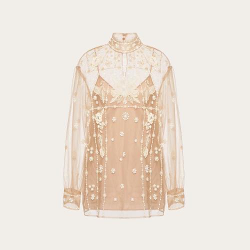  VALENTINO華倫天奴 22年秋冬 女士 長(zhǎng)袖襯衫 TOP BRODé TULLE ILLUSIONE 1B3AE7251EDAD5