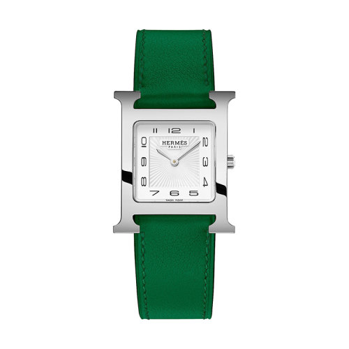 HERMES/愛馬仕      Heure H系列 女士石英機芯白色表盤精鋼表殼和小牛皮表帶腕表26x26毫米W055807WW00