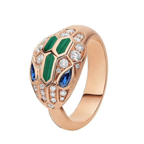 BVLGARI/寶格麗 SERPENTI系列 18K金玫瑰金鑲嵌孔雀石密釘鉆石藍寶石蛇頭眼睛戒指 356209