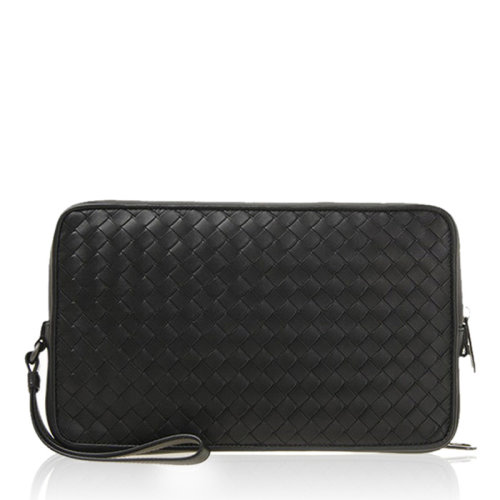 Bottega veneta 寶緹嘉 男士黑色牛皮多層經(jīng)典編織長款拉鏈錢包手拿包