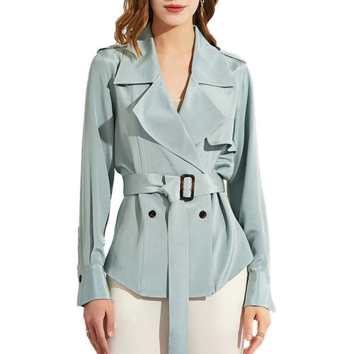 GeleiStory/GeleiStory  春秋新款翻領(lǐng)簡約通勤桑蠶絲外套短款風(fēng)衣  女裝＞女士外套＞女士風(fēng)衣