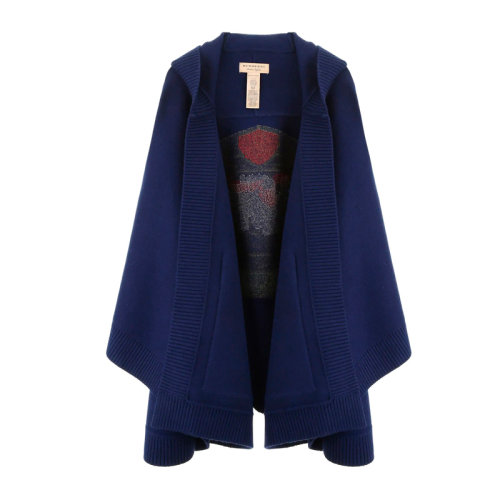 BURBERRY/博柏利 女士藍(lán)色羊毛羊絨混紡字母徽標(biāo)經(jīng)典戰(zhàn)馬麥穗刺繡連帽圍巾圍脖斗篷披肩 8007213