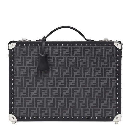 FENDI/芬迪 22春夏新款 男士中號黑灰色小牛皮鉚釘老花布藝單肩包手提箱 7VV135A8V3F0GXN