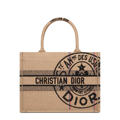DIOR/迪奧 22春夏新款BOOK TOTE系列 女士中號(hào)米色Dior Union圖案刺繡黃麻帆布手提托特包M1296ZRUW_M918
