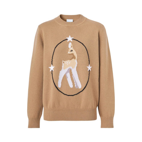 BURBERRY/博柏利 女士米色羊毛混紡羊絨小鹿圖案印花裝飾圓領(lǐng)長(zhǎng)袖毛衣針織衫 8048459