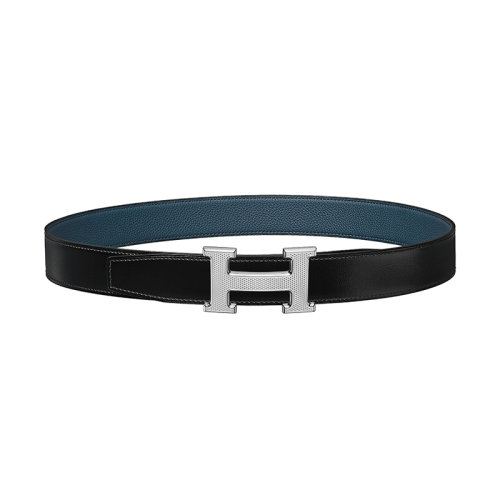 HERMES/愛馬仕 H系列 黑藍色荔枝紋小牛皮 男士雙面銀扣皮帶32毫米H064540CK05/H073967CAAD075