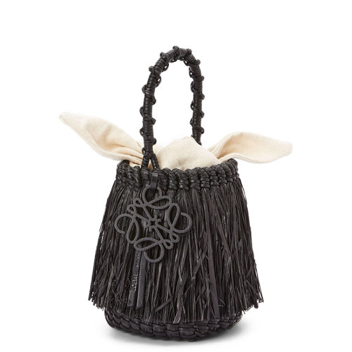 LOEWE/羅意威 22新款Fringe Bucket系列 女士黑色編織物配皮飾黑色徽標(biāo)吊飾白色帆布內(nèi)袋單肩手提水桶包A329W68X02-1100
