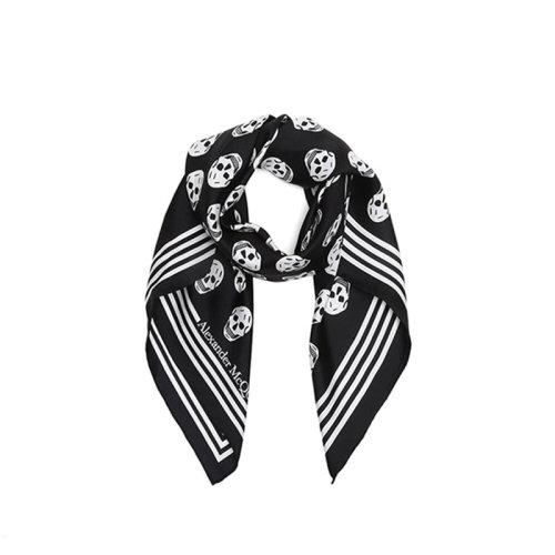 Alexander McQueen/亞歷山大麥昆  男女同款黑色配象牙白骷髏頭印花圖案方形絲綢絲巾圍巾/披肩圍巾 5909293001Q1078