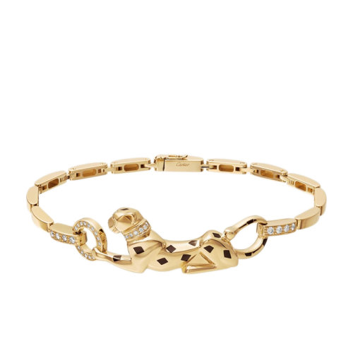 CARTIER/卡地亞 經(jīng)典PANTHèRE系列 18K金黃金鑲鉆黑漆點(diǎn)綴沙弗萊石榴石縞瑪瑙獵豹手鏈N6036700