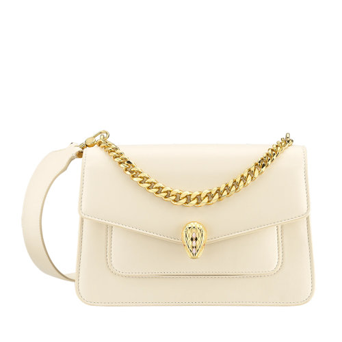 BVLGARI/寶格麗 SERPENTI FOREVER系列 女士中號象牙白色納帕羊皮黃銅蛇首搭扣金鏈條斜挎單肩包291227