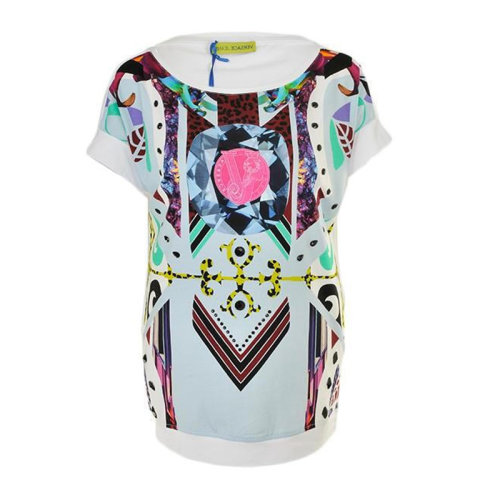 VERSACE JEANS/范思哲牛仔 女士白色棉質(zhì)藝術(shù)圖騰印花裝飾圓領(lǐng)短袖上衣T恤 B2HPA7B3-6161-003