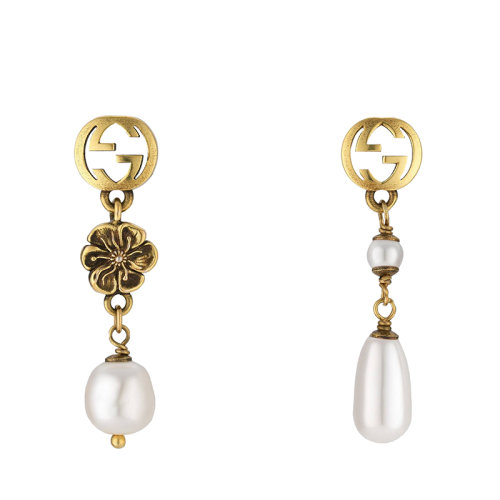 GUCCI/古馳  金色金屬花朵玻璃珠吊墜GG細節(jié)耳環(huán)?661127I46208078