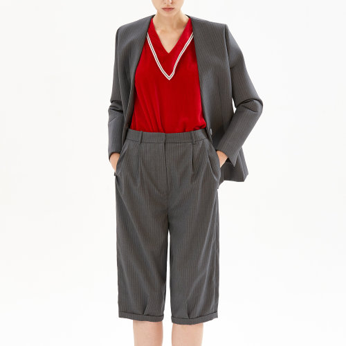 19年秋冬款nisiss/怡夕羊毛混紡條紋西裝七分褲女士休閑褲N191AP03